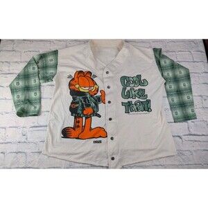 Vintage Garfield Vintage Button Up Plaid Shirt Sz 2XL 90s Style Baseball Jersey